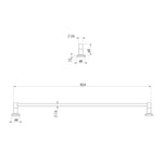 Phoenix Radii towel rail technical drawing, single brushed stainless steel rail with square plates, 824mm wide