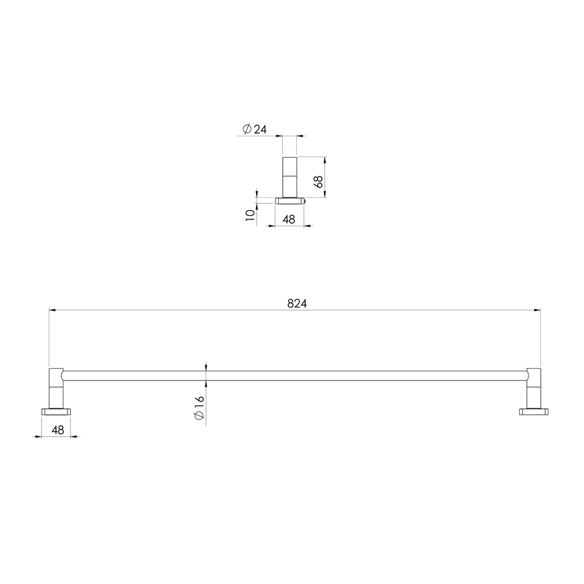 Phoenix Radii towel rail technical drawing, single brushed stainless steel rail with square plates, 824mm wide