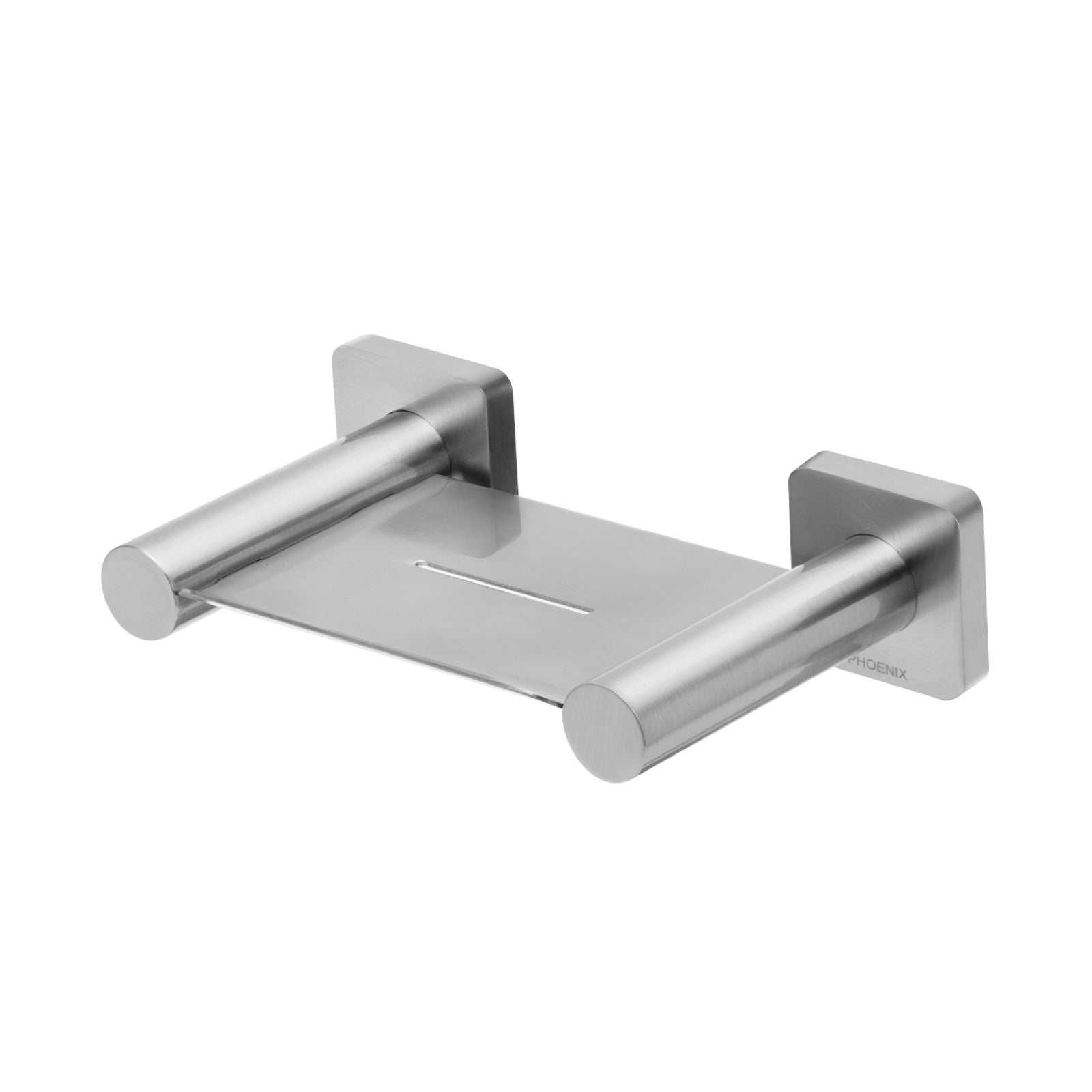 Phoenix Radii brushed stainless steel wall-mounted soap dish holder with square plates, front angled view on white background