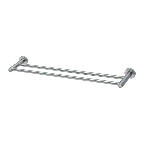 Phoenix Radii stainless steel double towel rail with round plates, front view on white background, 600mm length