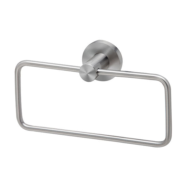 Phoenix Radii stainless steel hand towel holder with round plate, shown front on against a white background