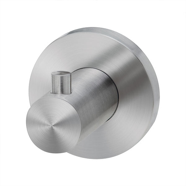Phoenix Radii stainless steel robe hook with round plate, brushed finish, wall-mounted on white background