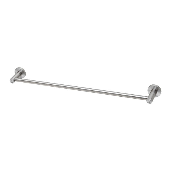 Phoenix Radii stainless steel single towel rail with round plates, wall-mounted in brushed steel finish, 600mm wide