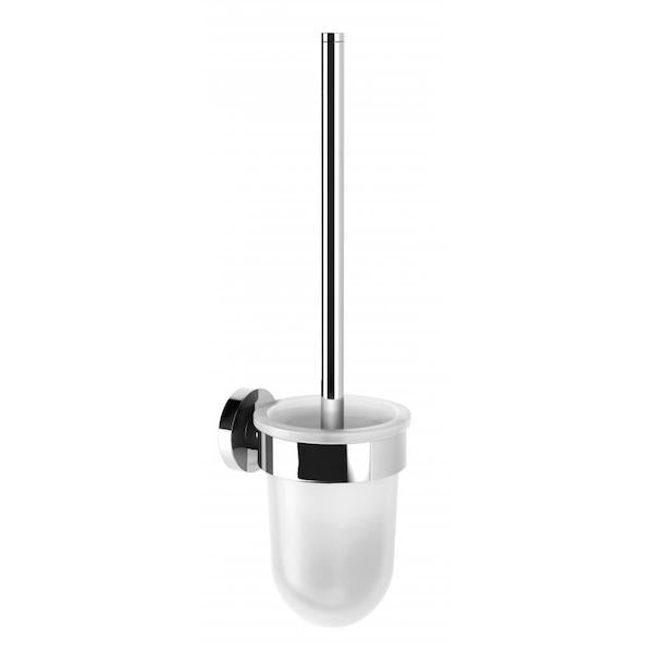 Phoenix Radii toilet brush and holder with round plate, polished chrome wall mount on white background