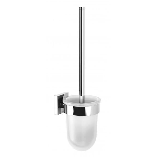Phoenix Radii toilet brush holder in polished chrome with square wall plate and frosted glass cup, wall-mounted