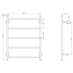 Technical drawing of Phoenix Radii towel ladder in matte black with round plate, front and side views, 550 x 740mm