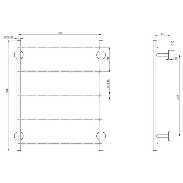Technical drawing of Phoenix Radii towel ladder in matte black with round plate, front and side views, 550 x 740mm