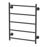 Phoenix Radii matte black towel ladder with round plates, wall-mounted bathroom towel rack shown front on