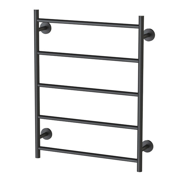 Phoenix Radii matte black towel ladder with round plates, wall-mounted bathroom towel rack shown front on