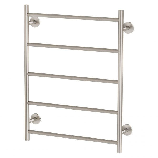Phoenix Radii brushed nickel towel ladder with round plates, wall-mounted bathroom accessory, front view