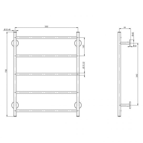 Technical drawing of Phoenix Radii towel ladder in brushed nickel, front and side views with dimensions and round plate mountings