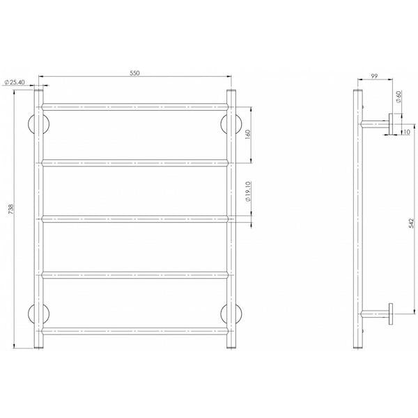 Phoenix Radii towel ladder round plate technical drawing in chrome, showing front and side dimensions for 750mm model
