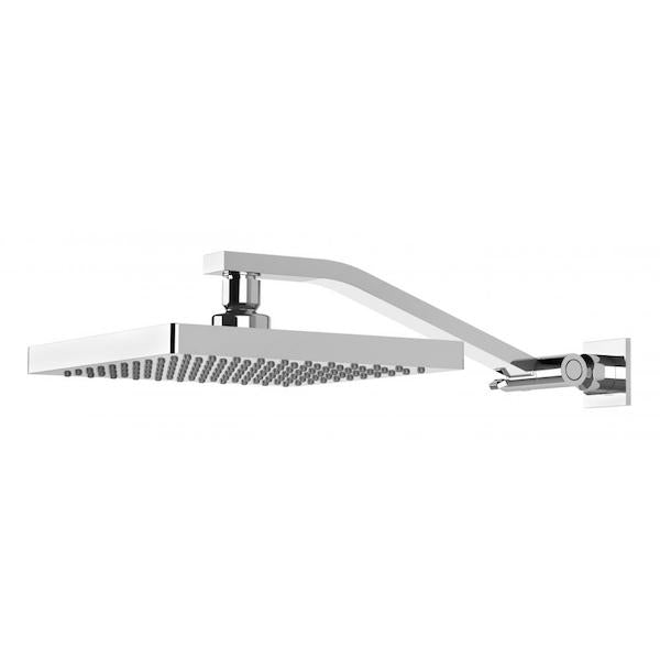 Phoenix Lexi chrome square wall shower arm and rose, angled side view on white background