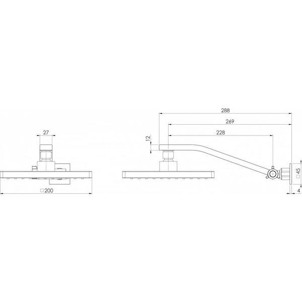 Phoenix Lexi Universal Arm & Square Rose technical drawing, chrome wall shower arm with square rose, dimensions shown