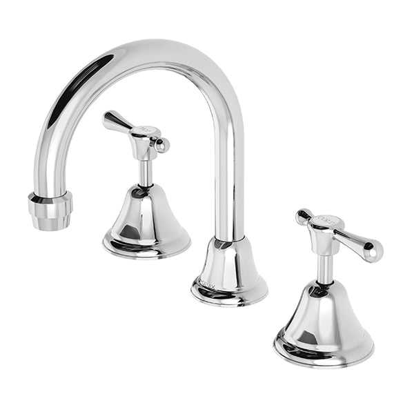 Phoenix Rhapsody lever basin set in polished chrome, with curved swivel spout and two cross-handled taps on white background