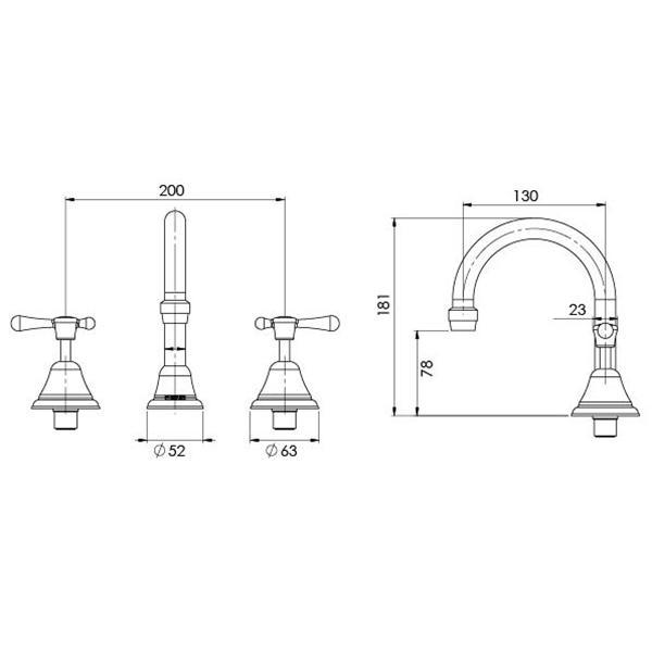 Phoenix Rhapsody chrome lever basin set technical drawing, showing tap dimensions and side/front views