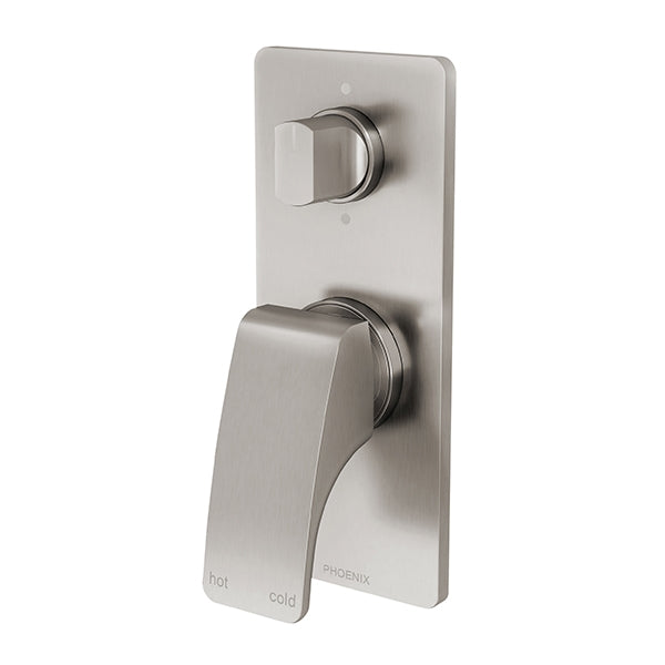 Phoenix Rush brushed nickel shower bath diverter mixer with wall plate and lever handle in angled view