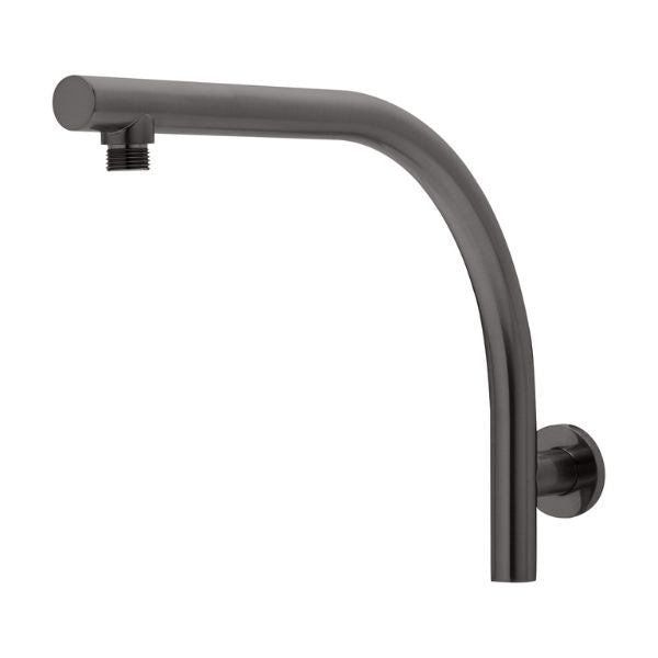 Phoenix Rush high-rise shower arm in brushed carbon, wall-mounted curved brass arm on white background