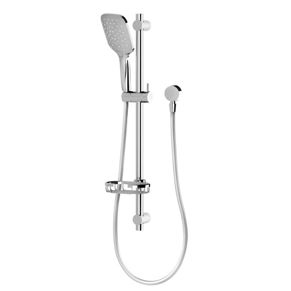 Phoenix Rush chrome rail shower with oval hand shower, hose and soap dish on white background