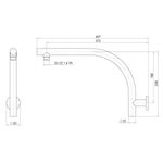 Phoenix Rush chrome wall-mounted shower arm technical drawing, round upswept profile with dimensions shown