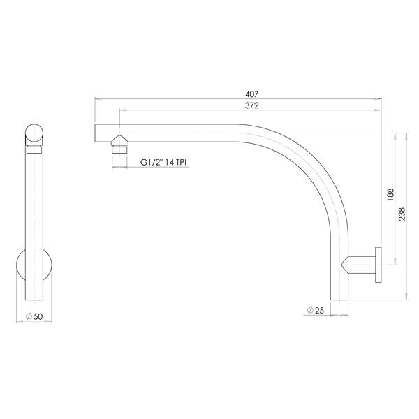 Phoenix Rush chrome wall-mounted shower arm technical drawing, round upswept profile with dimensions shown
