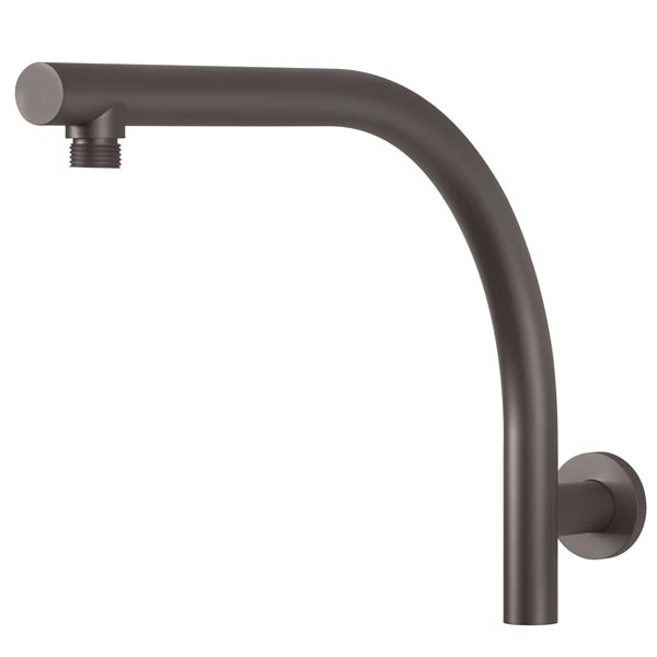 Phoenix Rush shower arm in gun metal, wall-mounted curved brass arm with rounded profile and threaded outlet on white background