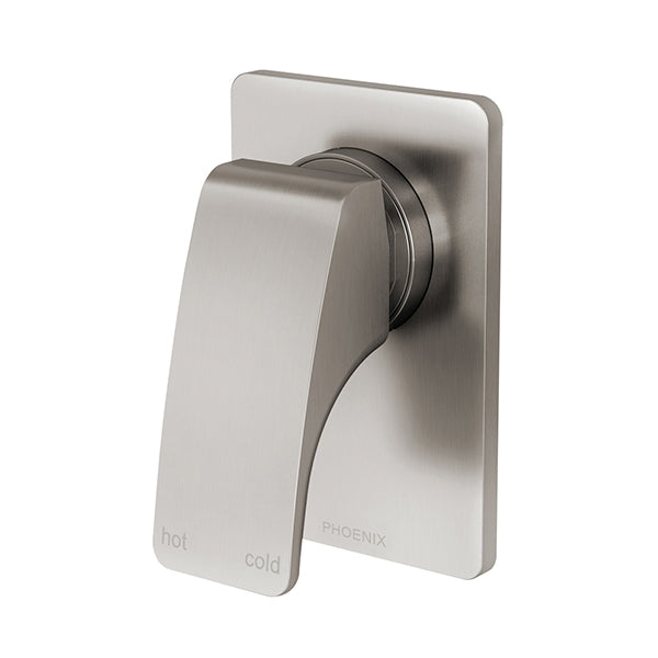 Phoenix Rush wall mixer in brushed nickel, square backplate with single lever tap handle, front view