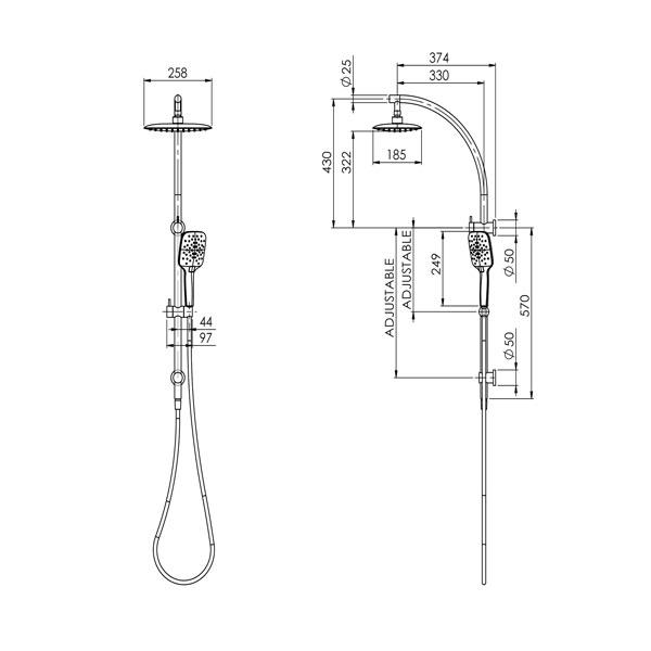 Phoenix Rush Twin Shower technical drawing, chrome square twin rail shower with overhead and handpiece, dimensions shown