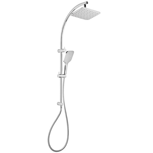 Phoenix Rush twin rail shower in chrome with square overhead rose, handset and hose on rail with soap dish