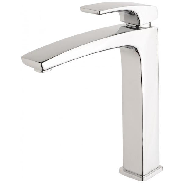 Phoenix Rush vessel mixer tap in polished chrome, tall square profile with curved spout, shown on white background