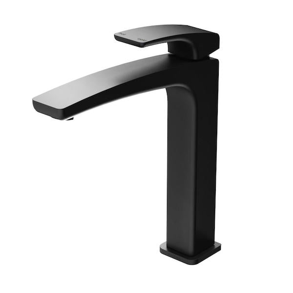 Phoenix Rush vessel mixer tap in matte black, tall square-bodied basin mixer with curved spout on white background
