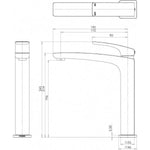 Phoenix Rush vessel mixer technical drawing in matte black, showing tall hob-mounted basin tap measurements and side view
