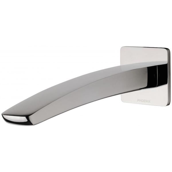 Phoenix Rush wall basin/bath outlet in chrome, a curved wall-mounted spout with square backplate and polished finish