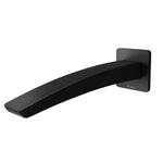 Phoenix Rush wall basin/bath outlet in matte black, wall-mounted curved spout on square backplate.