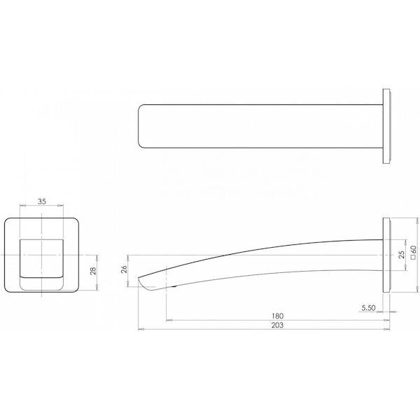 Phoenix Rush chrome wall basin/bath outlet technical drawing, showing side and front views with dimensions