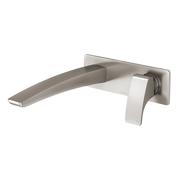 Phoenix Rush wall basin/bath set in brushed nickel, with curved spout and single mixer handle on wall plate
