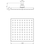 Phoenix Lexi 200mm square shower rose, matte black, shown in technical drawing with dimensions and front view