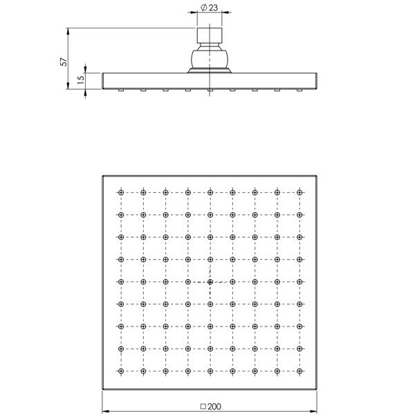 Phoenix Lexi 200mm square shower rose, matte black, shown in technical drawing with dimensions and front view
