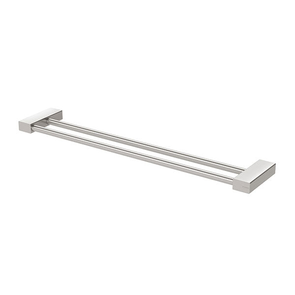 Phoenix Lexi MKII double towel rail in brushed nickel, squareline wall-mounted bathroom accessory on white background
