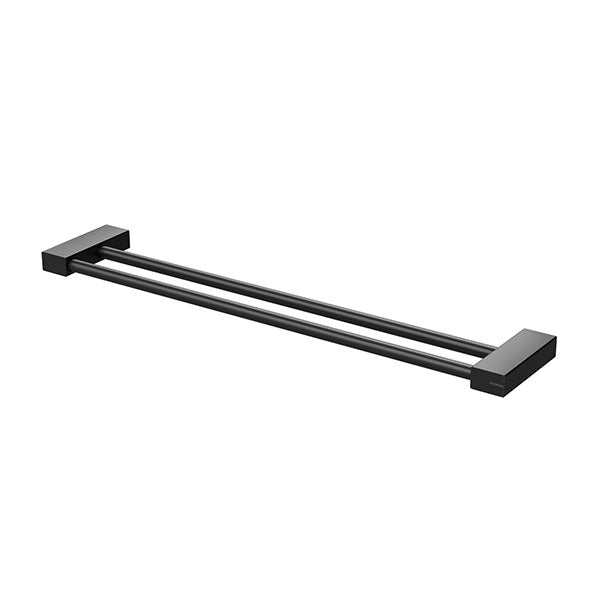 Phoenix Lexi MKII double towel rail in matte black, squareline wall-mounted design, front view on white background