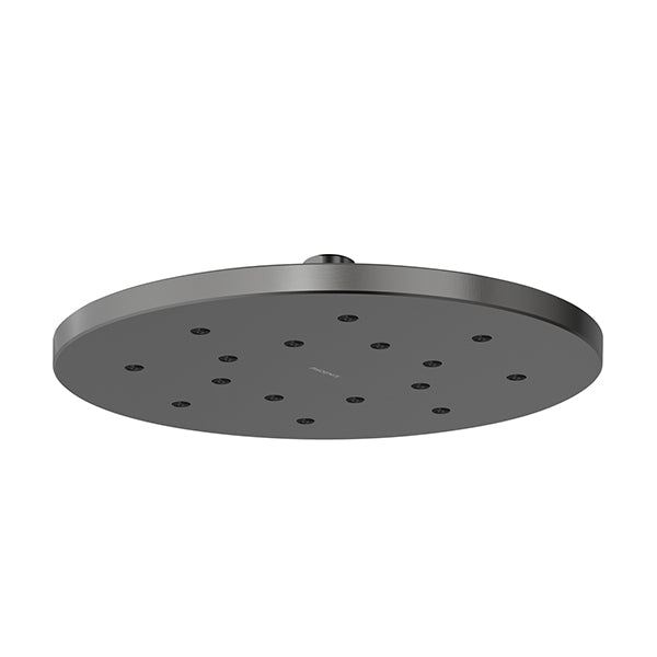 Phoenix LuxeXP round shower rose, 250mm, brushed carbon finish, shown in low-angle view on white background