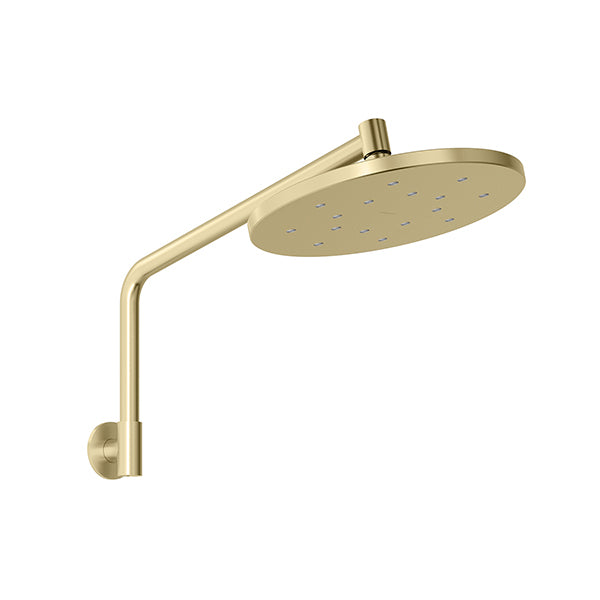 Phoenix Ormond high-rise shower arm and round rose in brushed gold, wall-mounted on white background