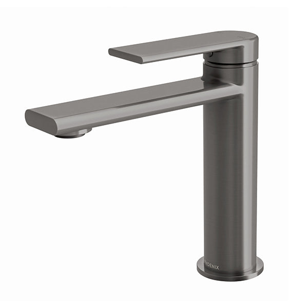 Phoenix Teel basin mixer in brushed carbon, hob mounted single-hole tap with slim rectangular spout and lever handle