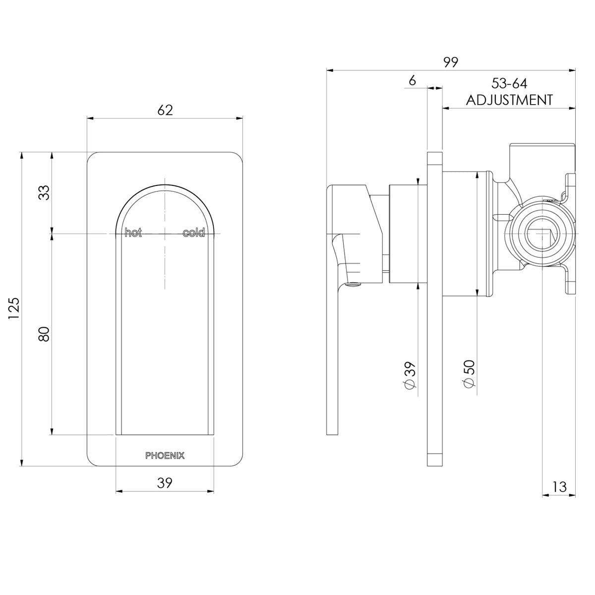 Phoenix Teel SwitchMix wall mixer technical drawing, brushed nickel, front and side views with dimensions and hot/cold labels