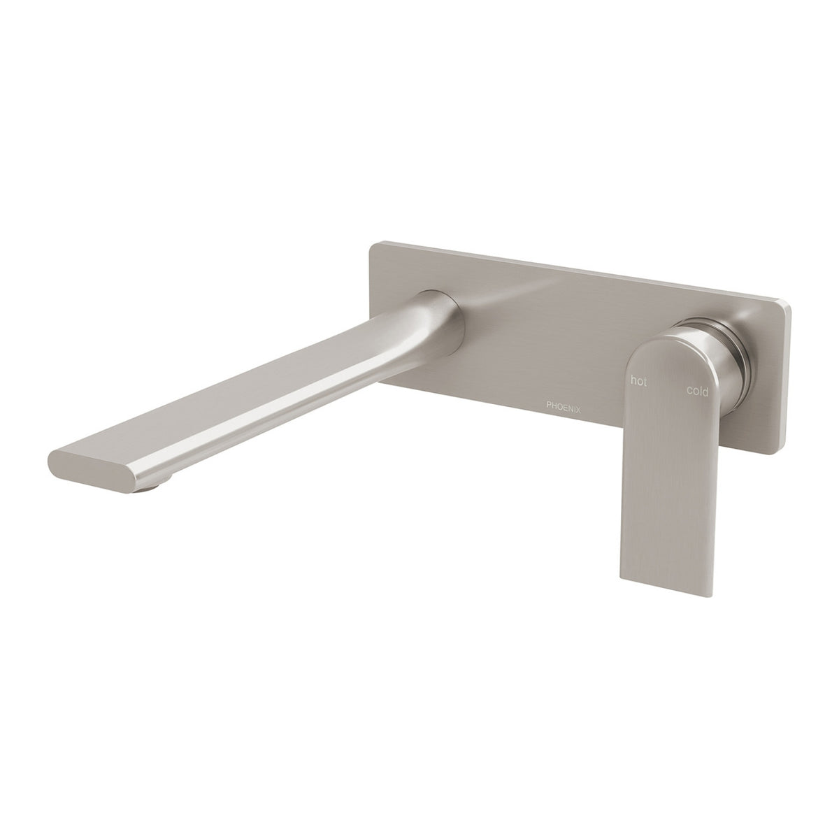Phoenix Teel SwitchMix wall basin/bath mixer set in brushed nickel, wall-mounted with rectangular backplate and lever handle