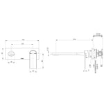Phoenix Teel wall basin/bath mixer set technical drawing in brushed nickel, showing front and side views with dimensions and adjustment range