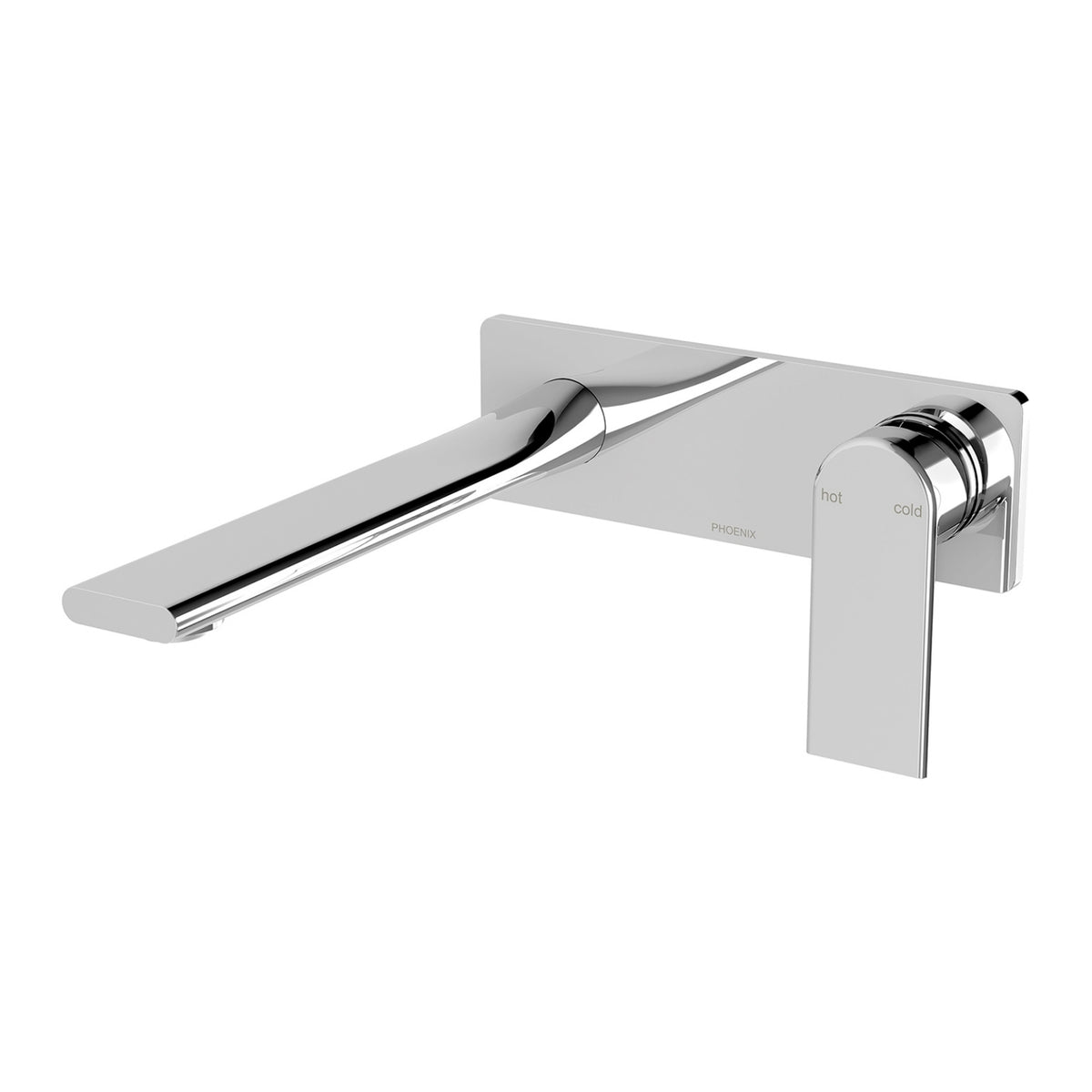 Phoenix Teel wall basin/bath mixer set in chrome, with long 200mm spout and rectangular wall plate, front view