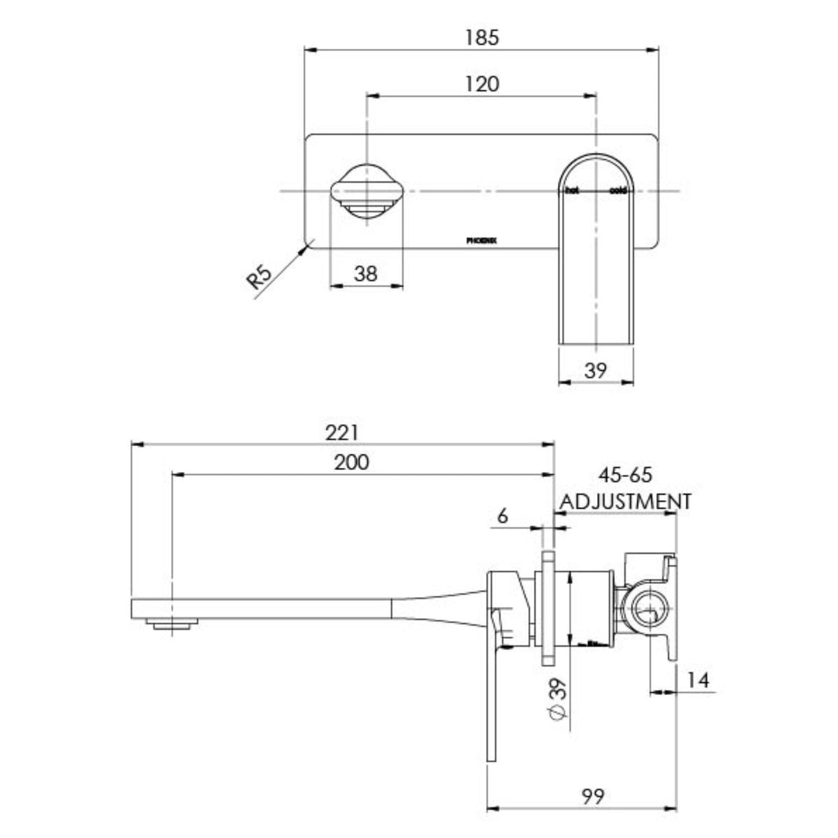 Phoenix Teel SwitchMix wall basin/bath mixer set technical drawing, showing chrome wall plate, 200mm reach and dimensions