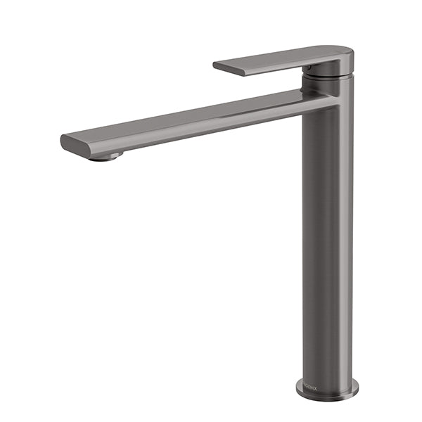Phoenix Teel vessel mixer in brushed carbon, tall hob-mounted bathroom basin tap with square spout and lever handle