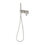 Phoenix Teel wall shower system in brushed nickel with wall-mounted rail, hand shower and hose